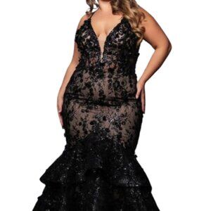 NWT May Queen RQ8148 Floral Applique Evening Dress Black 18